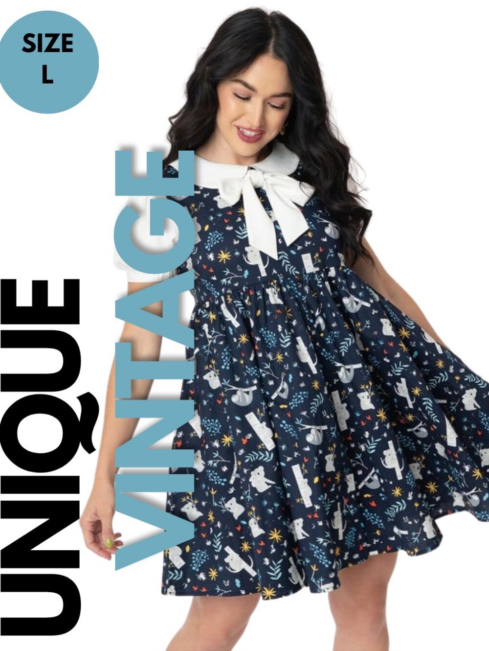 NWT Unique Vintage Koala Sloth Print Babydoll Dress Size L